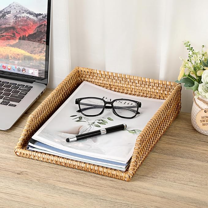BTSKY Rattan Letter Tray for A4 File Desk Mail Letter Letter-Size Paper, Basket Woven Organizer, Office Document Organizer and Storage, Desk File Organizer Paper Tray, Paper Holder 13x10.3x2.8 Inch