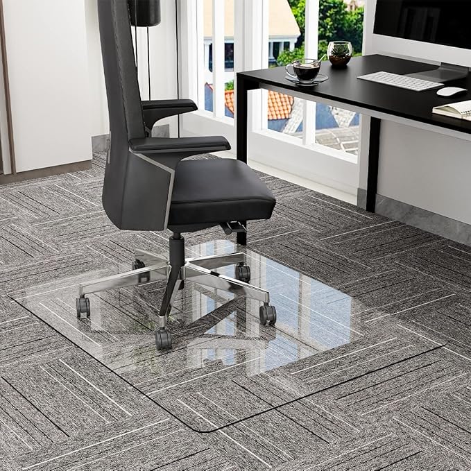GLSLAND Office Chair Mat for Carpet - 36" x 46" Tempered Glass Floor Mat - for Office Chair on Carpet - 1/6" Thick Clear Computer Floor Mat with 4 Anti-Slip Pads