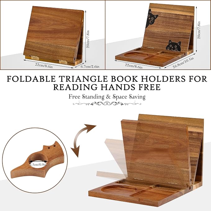 Book Holder Stand for Reading Rest Wooden Book Rest Book Nook Reading Valet | Foldable Desktop Triangle Bookstand with Book Page Holder, Cup, iPad & Phone Stand Bookshelf for Readers Bookworms Gifts