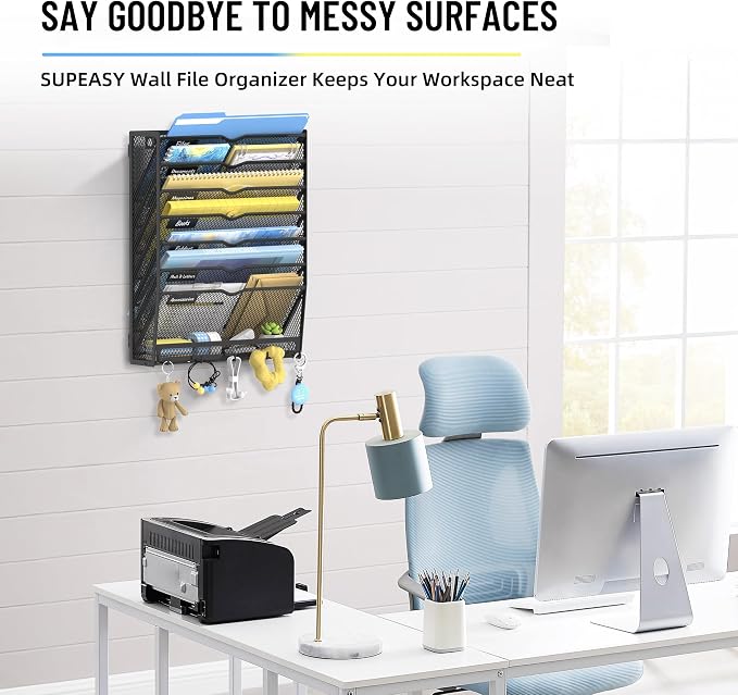 8-Tier Wall File Organizer with Hooks, Hanging File Organizer | Metal Mesh Mail Organizer, Wall Mounted File Organizer for Home, Classroom, Office Organization