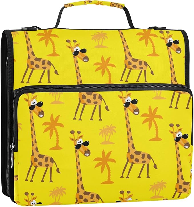 Fisyme Tropical Funny Giraffe Zipper Binder 3 Ring with Zipper and Shoulder Strap Large Capacity Multi-Pocket Binder Organizer