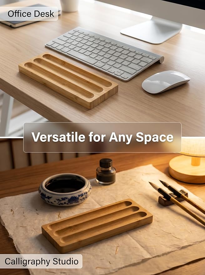 Natural Bamboo 3 Slot Pen Tray, Wooden Pen Holder Desk Organizer for Fountain Pens, Markers, Makeup Brushes, Minimalist Office Desk Storage Tray