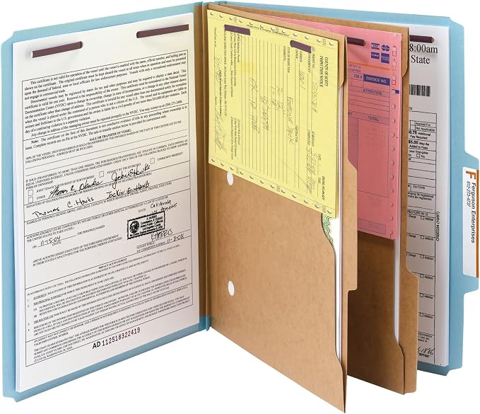 Smead Pressboard Classification File Folder with SafeSHIELD Fasteners, 2 Pocket Dividers, 2" Expansion, Letter Size, Blue, 10 per Box (14081)