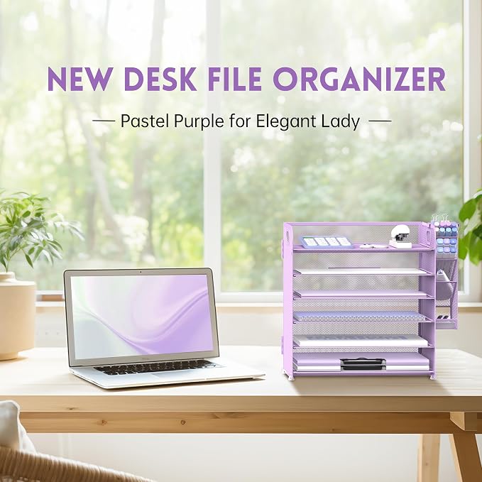 6 Tier Desk Organizer with 4 Pen Holders & Mesh Paper Trays Purple | 6 Tiers Paper Organizer, File Organizer Letter Tray with Handle for A4 Files, Folders, Mail and Office Supplies