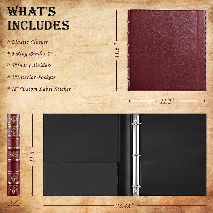 Ospelelf Vintage 3 Ring Binder 1 Inch, Leather Hardback D Ring Binder with Pockets and 5 Tab Dividers, Book Style Document Organizer Fits Letter Size for Home and Office Burgundy