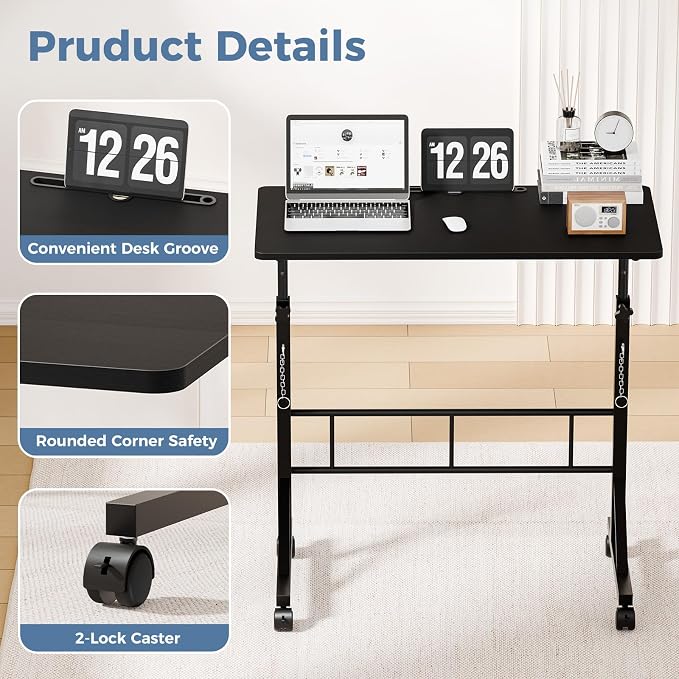 DUMOS 31.5" Walking Pad Desk, Laptop Desk, Home Office | Lockable Wheels, Adjustable Height, Portable Rolling Design, Treadmill Use, Stand Up Style, Black