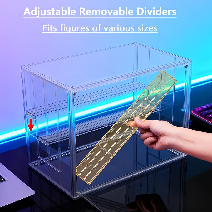 Acrylic Display Case for Figures, 4-Layer Stackable Storage Box | Display Cases for Collectibles, Tool Free Assembly, High Transparency Design, Magnetic Door, Adjustable Divider