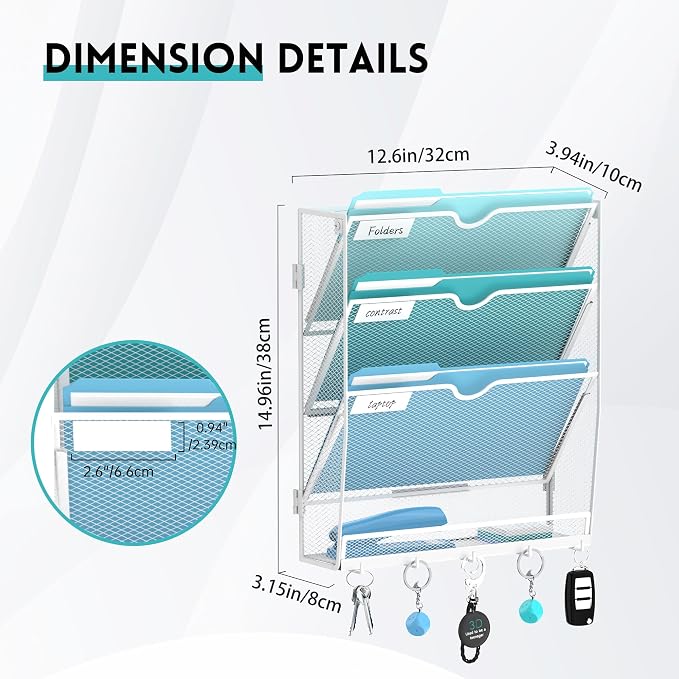 4-Tier Wall File Organizer and Mail Organizer with 5 Hooks, White | Label slots, curved openings, 5 key hooks, and a bottom tray support organized mail, file, and everyday item storage.