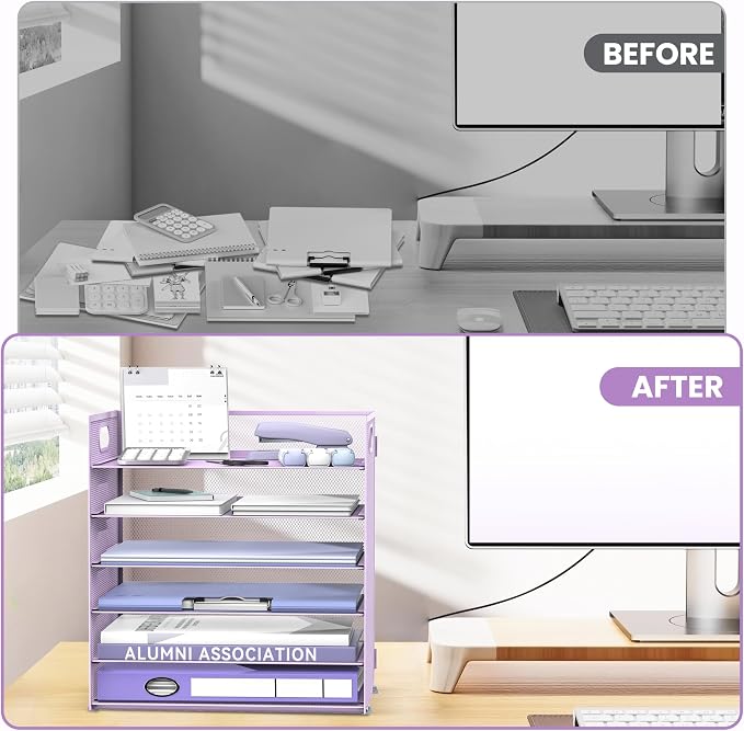 Daltack 6-Tier Paper Organizer for Desk with Handle, Purple | Sturdy Metal Mesh Organizer with Movable Middle Trays and a Carry Handle for Papers, Folders and Office Supplies