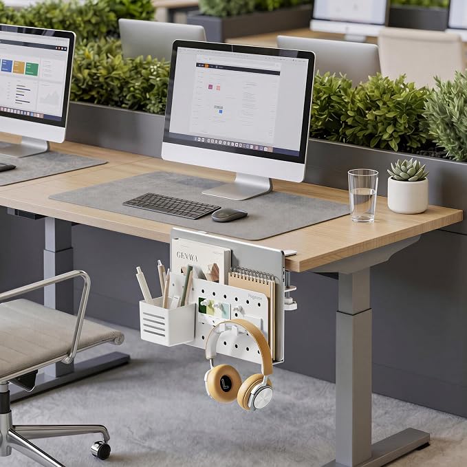Under Desk Storage Organizer, Laptop Holder for 0.4"-2.2" Desk Edge, White | Holds 22lbs, Clamp on Desk Organizer with Pegboard Design, Fits 0.4"-2.2" Desktop Edge