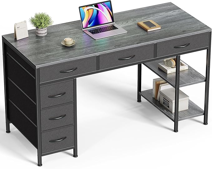 Huuger Computer Desk with 6 Drawers, Office Desk with Shelves, Reversible Gaming Desk, Corner Desk with Storage, Work for Home Office, Study, Living Room, 47inch, Grey