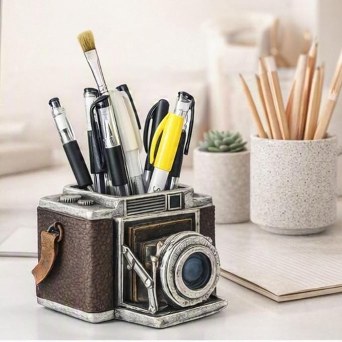 Bellaa Camera Pen Pencil Holder Vintage Retro Antique Style Shabby Chic Desk Organizer Office Farmhouse Decor Photography Gift 24094