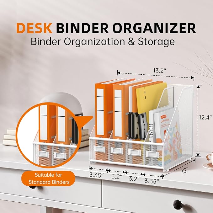DALTACK 4-Slot Magazine File Holder, Metal Binder Holder, White | Iron Mesh Construction, Labeled Sections for Easy Sorting, Anti-Slip Feet, Binder and Folder Storage for Office, Classroom