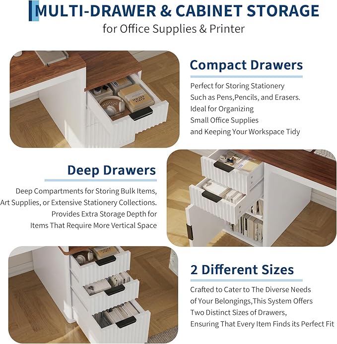 Rectangular Computer Desk with Hutch & Printer Stand, Ripple Door Storage Home Office Desk, Space-Saving Study Writing Desk for Bedroom, Sturdy Board Student Desk with Easy Assembly, Brown & White