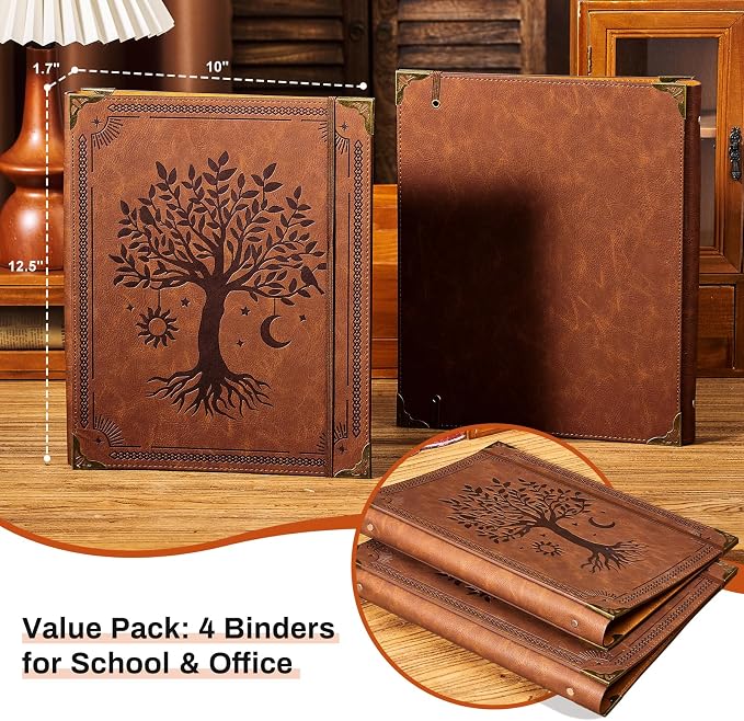 OVESMUSL 4 Pack PU Leather 3 Ring Binder, 1 Inch Brown Tree | Fits 8.5x11 letter paper, holds 200 sheets, loose leaf organizer
