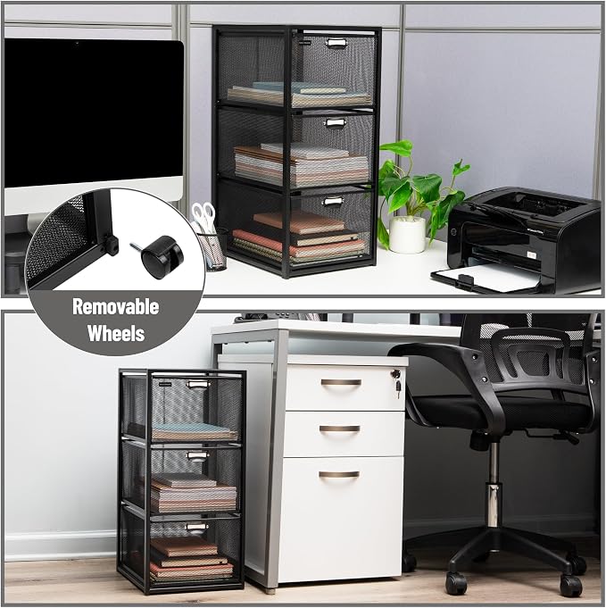 Mind Reader Office Storage Organizer with Mesh Drawers Label Holders and Optional Wheels, Metal Mesh, Black