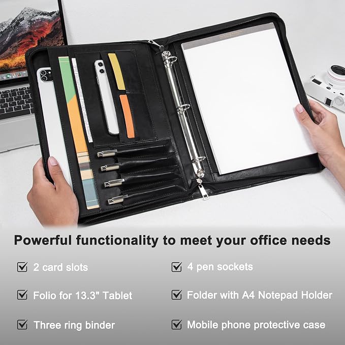 AZXCG Leather Padfolio for Men,Zippered Padfolio with 3 Ring Binder,Business Portfolio Organizer with A4 Writing Pad Holder, Portfolio Binder for Meeting,Business,School,Work