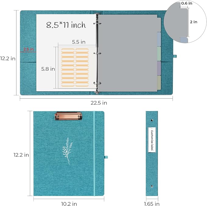 EYROZILL 3 Ring Binder, 1 Inch Linen Binder Organizer for Letter Size (8.5" x 11") with 5 Tab Dividers, File Folder Labels and Low Profile Clipboards, School and Office Supplies- Lavender Blue