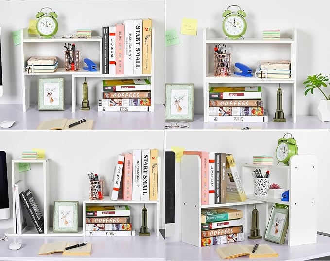 Desk Organizer Desktop Shelf Adjustable Countertop Bookshelf Small Table Shelves Book Organizer Office Organization for Desk, White