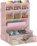 BOHDK Pen Organizer for Desk, Multi-Functional Desk Organizer, Wall Mount Pen Holder with Drawer for School, Office, Home, Art Supplies, Pink