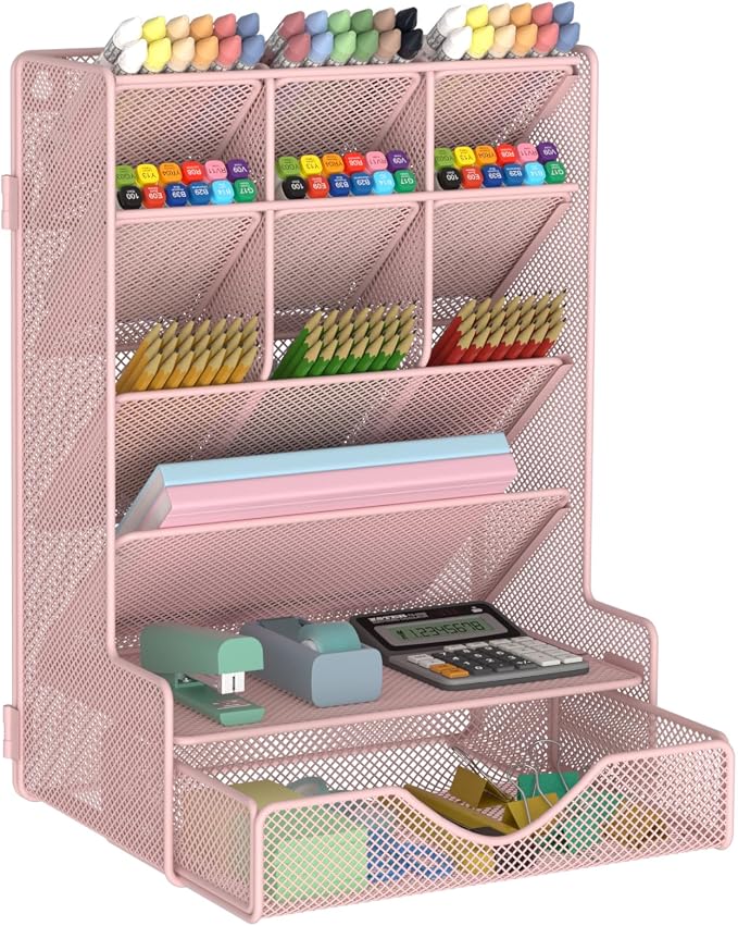 BOHDK Pen Organizer for Desk, Multi-Functional Desk Organizer, Wall Mount Pen Holder with Drawer for School, Office, Home, Art Supplies, Pink