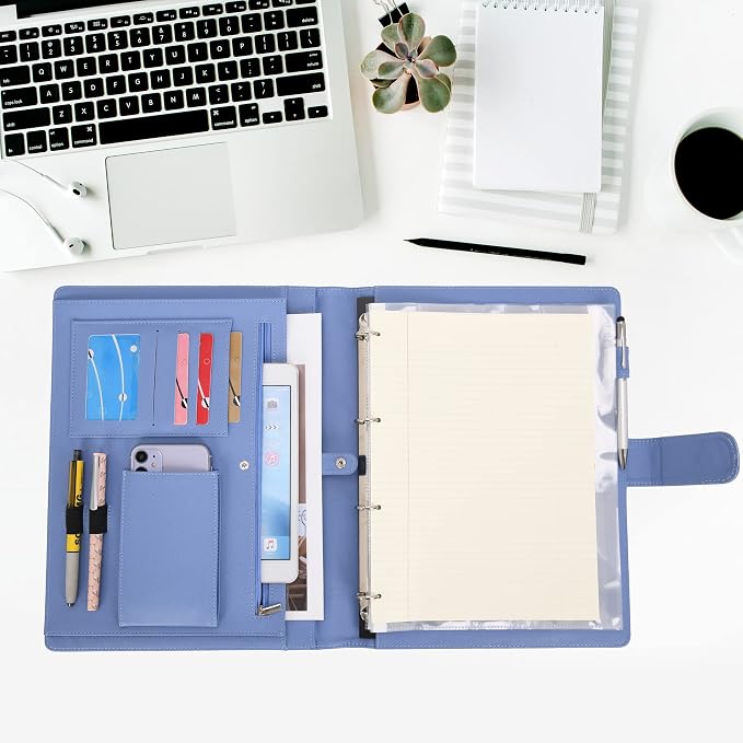 Wonderpool A4 PU Leather 3 & 4 Ring Holder Writing Portfolio Multi Document Case with Removable Binder Clipboard and Functional Pocket for Organizer Office Travel School (Blue)