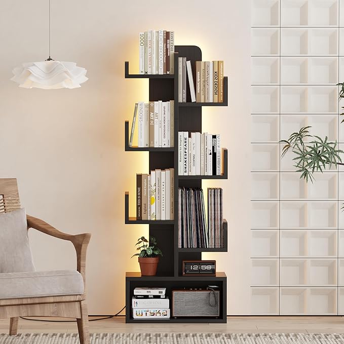 Qupui 6-Tier LED Bookshelf, 47" Tall Cactus Corner Bookcase, Black | RGB 22 Modes 6 Brightness Levels. Cactus-inspired Tree Design. Engineered Wood. 6 Shelves Hold 5-10 Books Each. For Bedroom