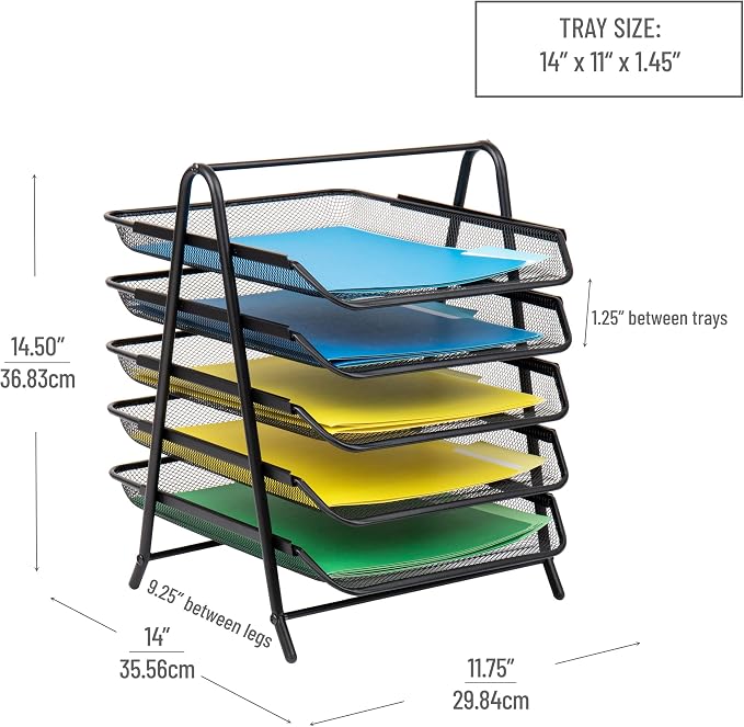 Mind Reader Paper Tray and File Folder Set, Desktop Organizer, Storage, Office, Metal Mesh, 11.75"L x 14"W x 14.5"H, Black