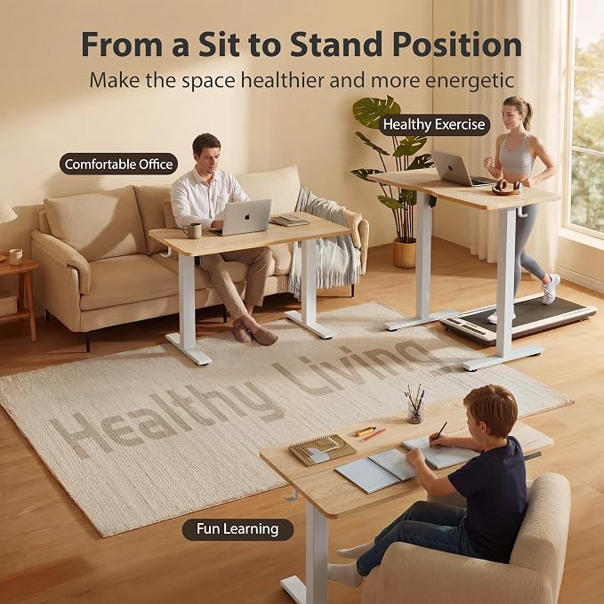 Cubiker Standing Desk, 63x28 Inches Sit Stand Home Office Desk, Electric Stand up Desk, Adjustable Desk with Splice Board, White Frame/Maple Top