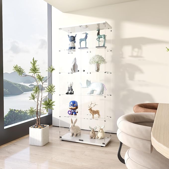 Frameless Glass Display Cabinet, Curio Cabinet Display Case with Lock and 2 Doors, Quick-Install Floor Standing Large Showcase Display Shelf for Collectibles, Legos, Figures, Plants