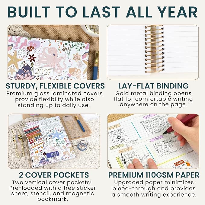 bloom daily planners 2027 Planner for Women (8.5" x 11") - Weekly & Monthly Calendar Year (January to December) Softcover Agenda Book Organizer with Stickers & Stencil - Seaside Whimsy