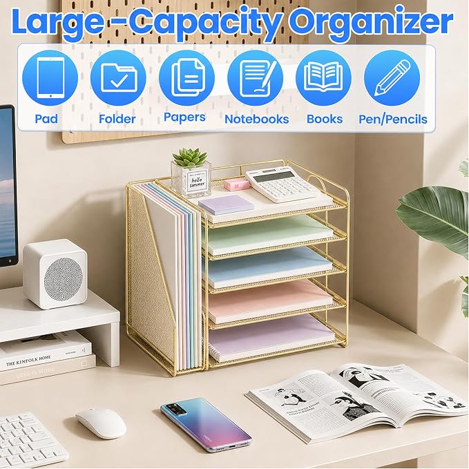 Desk Organizer, 5-Tier Paper Organizer Letter Tray, Gold | Desk Organizers and Accessories, Office Desk Accessories & Workspace Organizers, Desktop File Organizer for Office Supplies