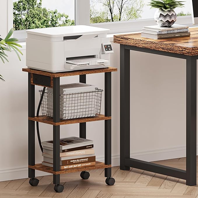 TUTOTAK Printer Stand, 3 Tier Rolling Printer Cart with Charging Station | Small Under Desk Printer Table with Wheels for Small Space, Office, Home, Brown PS02BB001