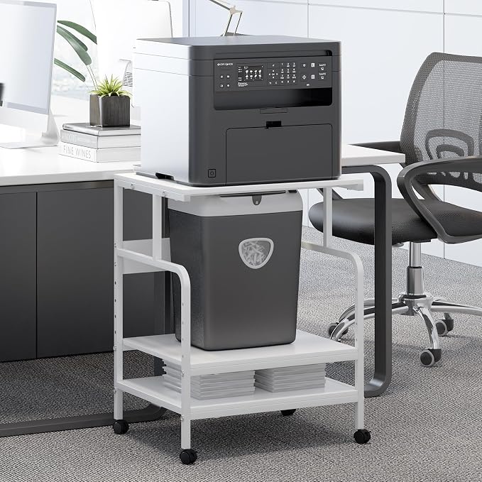 Arbuxzuy Large Printer Stand with Storage Shelf, 23.6" W x 18.9" D Printer Cart with Wheels, 3 Tier Mobile Printer Table for Home Office,Stands for Heat Press Scanner Fax (White)