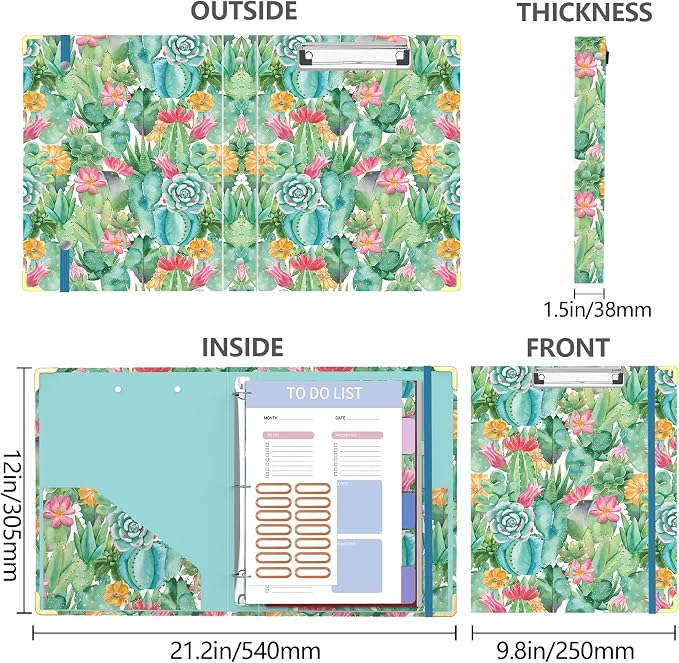 3 Ring Binder, 1 Inches Round Ring Binder with Clipboard, Dividers Tabs, PVC Zipper Bag Sleeves & to Do List Planners, Decorative Binder for School, Office Supplies-Cactus Flowers