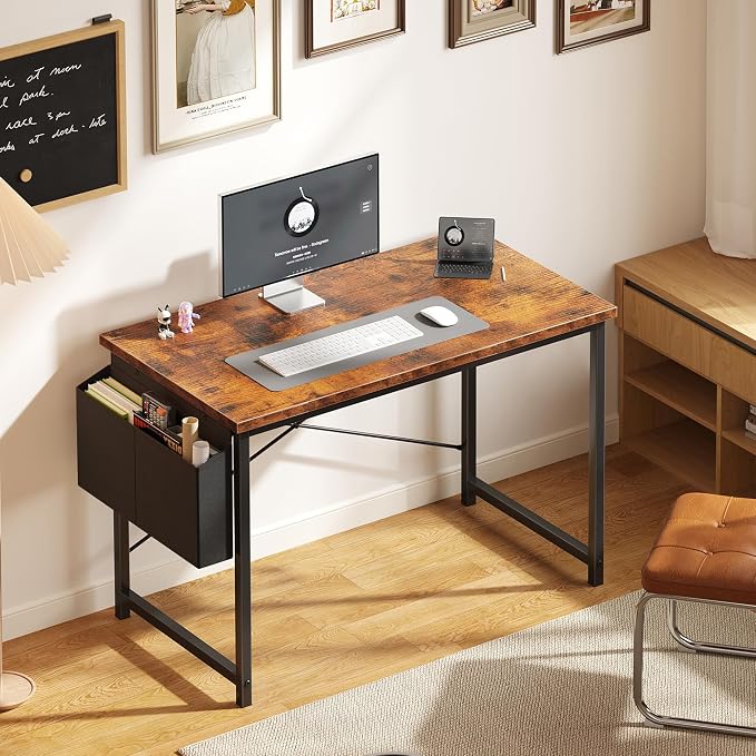 OLIXIS Computer Desk, 44 Inch Gaming Desks for Home Office Small Spaces | Writing Study Craft Work Table, Computer Workstation for Bedroom with Storage Bag, Rustic Brown