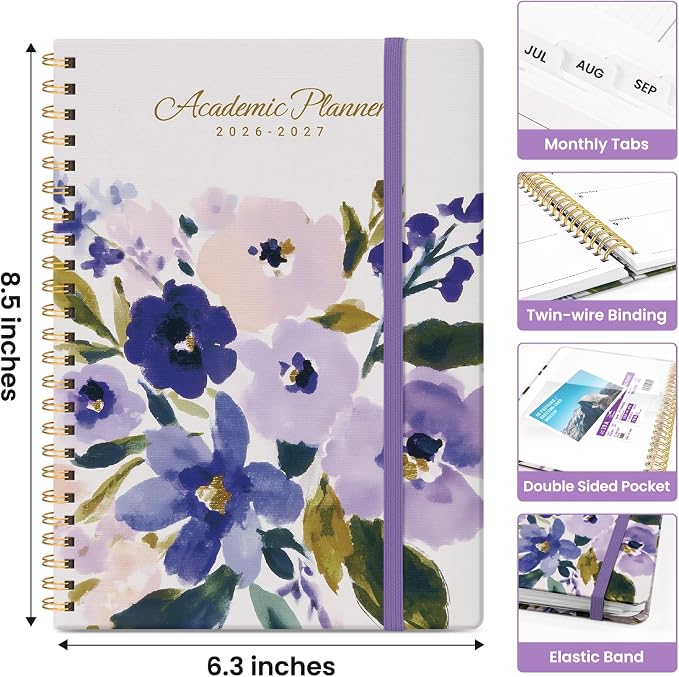 Planner 2026-2027, Monthly & Weekly Jul 2026-Jun 2027 Calendar Book | 6.3" x 8.5", Hardcover Spiral Planner with Tabs, School & Daily Pretty Agenda for Women, Students, Teachers, Violet Petals