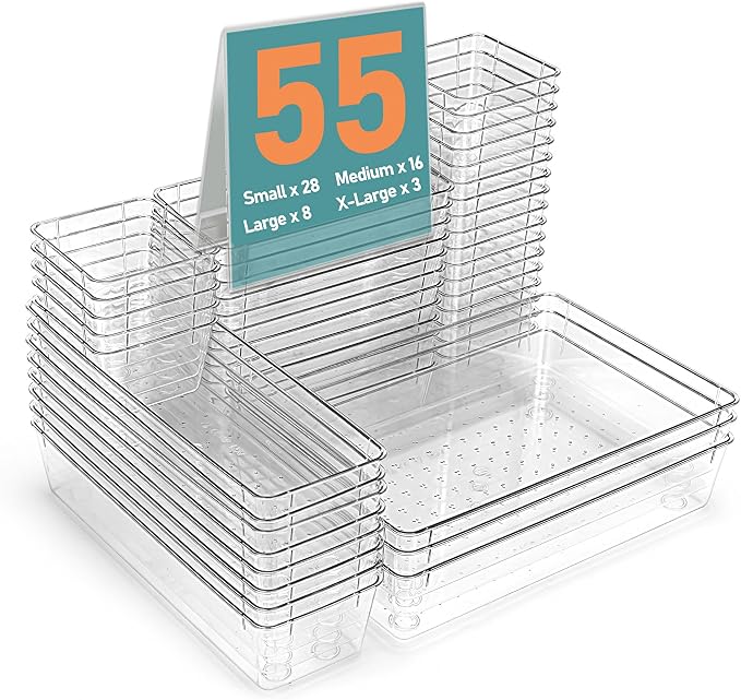 55Pcs Clear Plastic Drawer Organizers Set, 4size makeup drawer organizer trays for vanity,desk,bathroom,office,nightstand,gadgets for kitchen drawer, Versatile drawer divider storage bins
