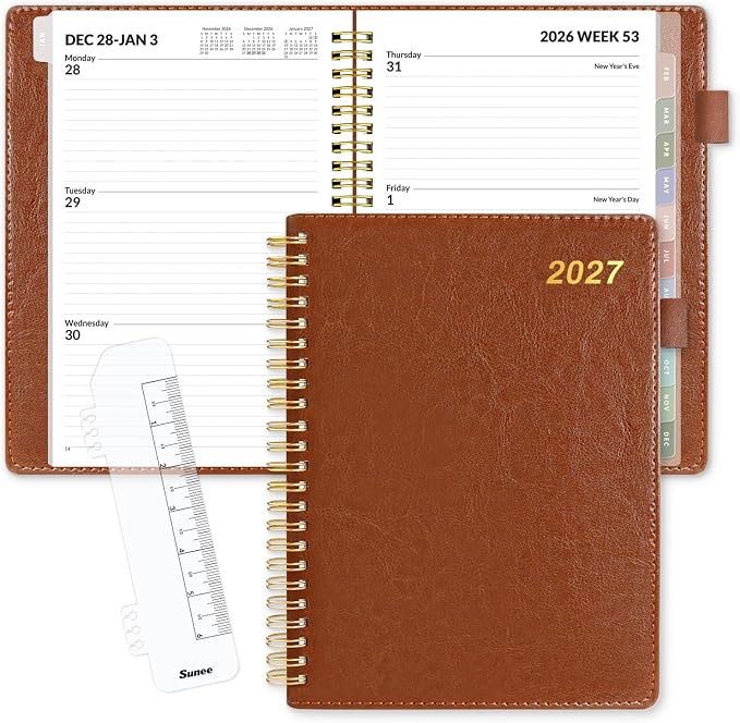 SUNEE 2027 Weekly & Monthly Planner 6.2"x8.5"- 12 Month (January 2027 - December 2027), Vegan Leather Cover, Pocket, Bookmark, Notes, Monthly Tab, Brown