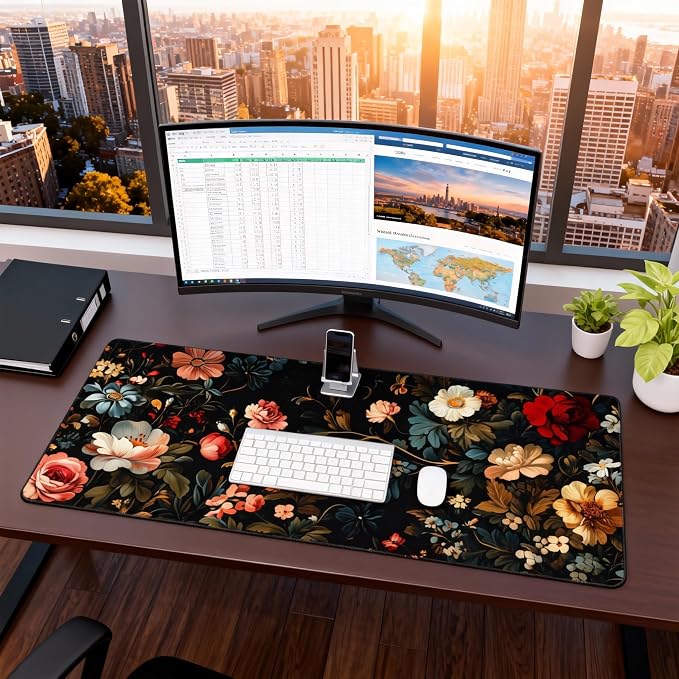 Floral Aesthetic Rose Gaming Mouse Pad, Black Dark Botanical Desk Mat with Anti-Slip Base & Stitched Edges, Office & Home Desk Decor for Women, 35.4" x 15.7" in Computer Desktop Mat