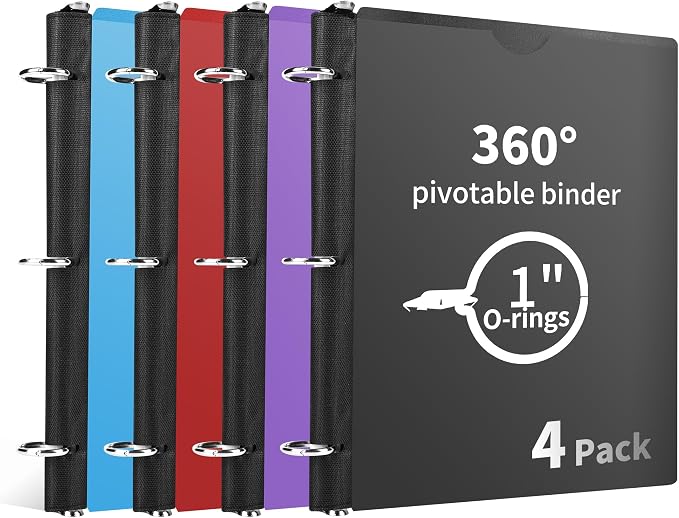 360° Pivotable 3 Ring Binder, Upgraded Foldable Binders 1 inch 4 Pack, Thin Small Three Ring Binder Fits 8.5" x 11", for Home, School and Office Binders Supplies