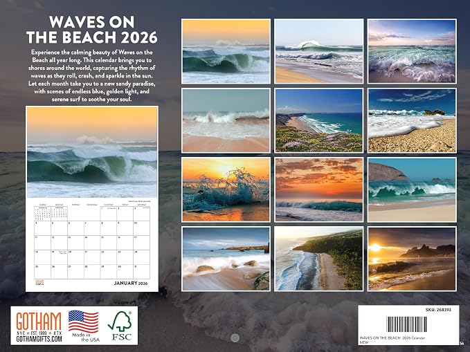 Ocean Waves Calendar 2026 Beach Monthly Wall Calender 12 Month | American Made In The USA