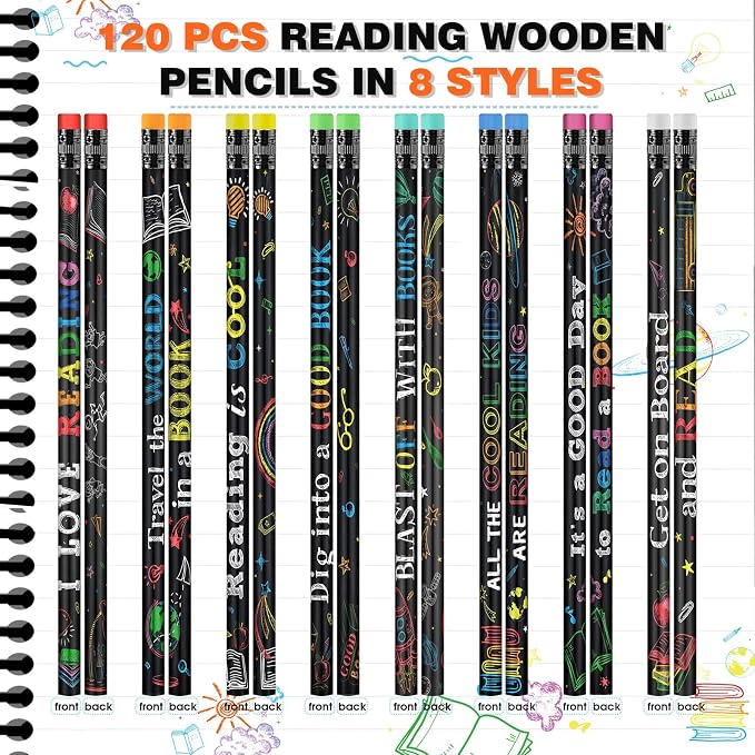 Pasimy 120 Pcs Reading Motivational Pencils Bulk Black Novelty Wooden Pencils with Eraser Classroom Inspirational Pen with Sayings for Kids Student Teacher School Reward Gifts Stationery Party