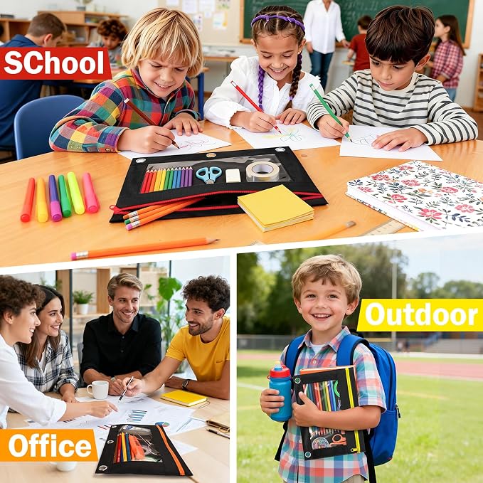 72 Pack Pencil Pouch for 3 Ring Binder, Clear Window 3-Holes Zipper Pencil Bags Bluk, Sturdy and Durable Cloth Pencil Case Pouch Multi-Purpose Cartuchera for Office College Classroom School Supplies