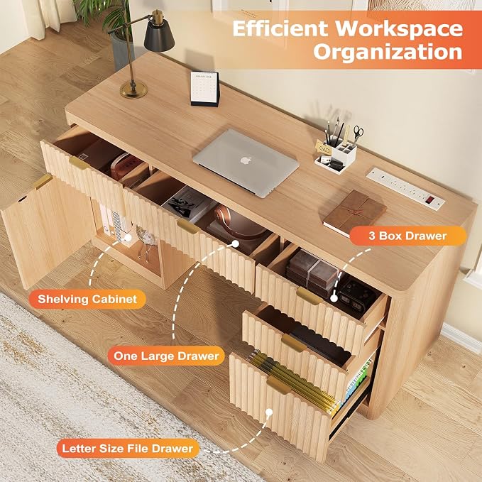 knoworld Fluted Executive Desk with Charging Station, 58" Wood Home Office Desk with 4 Drawers, 1 File Cabinet, 1 Storage Cabinet, Modern Writing Desk for Work, Living Room, Bedroom (Natural)