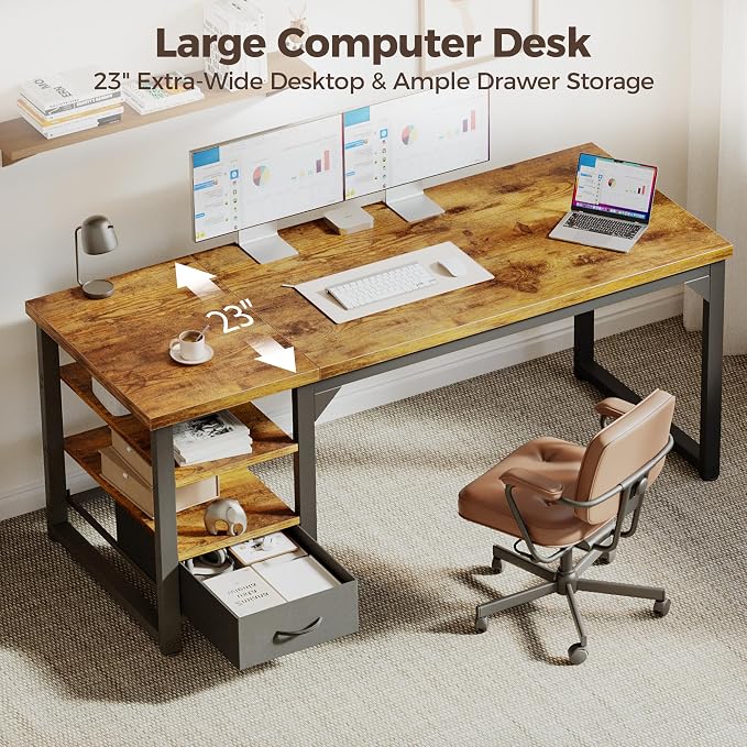 54 in Computer Desk with Drawer, 1" Thick Reversible Office Desk | Large Modern Writing Table with Storage Shelves, Heavy Duty Industrial Executive Desk for Home Bedroom Study Work
