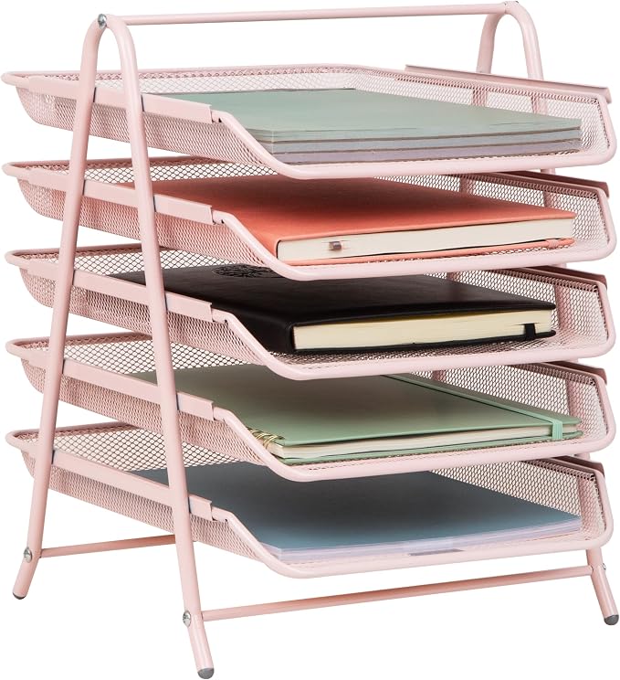 Mind Reader 5-Tier Paper Tray Organizer, Vertical Desktop File Storage Rack, Office, Metal Mesh, Pink