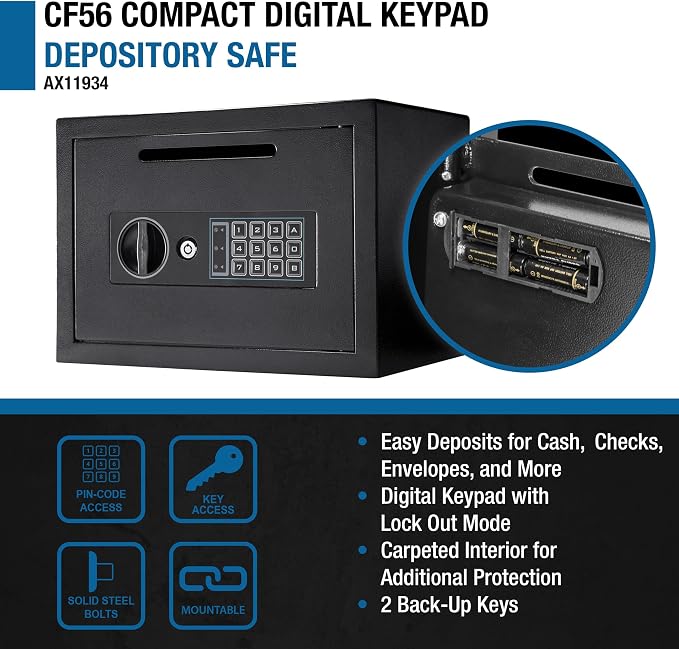 Barska Digital Depository Safe – 0.57 Cu. Ft Front-Load Drop Box for Cash, Money & Mail, Multi-User PIN Code Lock, Steel Construction, Anti-Pry Hinges, Backup Keys, Ideal for Business or Office | 2mm steel walls with digital keypad and anti-fishing slo...