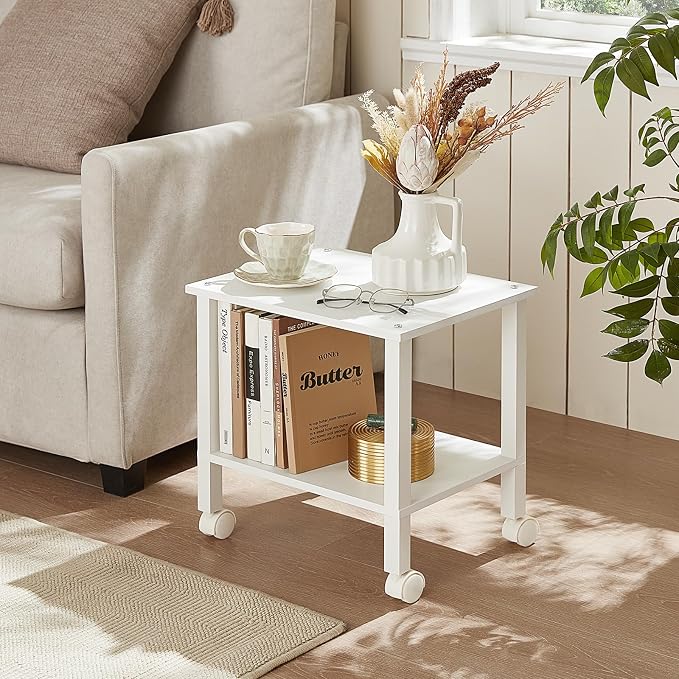 YUFAM 2 Tier Under Desk Printer Stand with Storage, White | Wooden Small Printer Table for Home Office, Rolling Printer Cart Shelf with Lockable Wheels