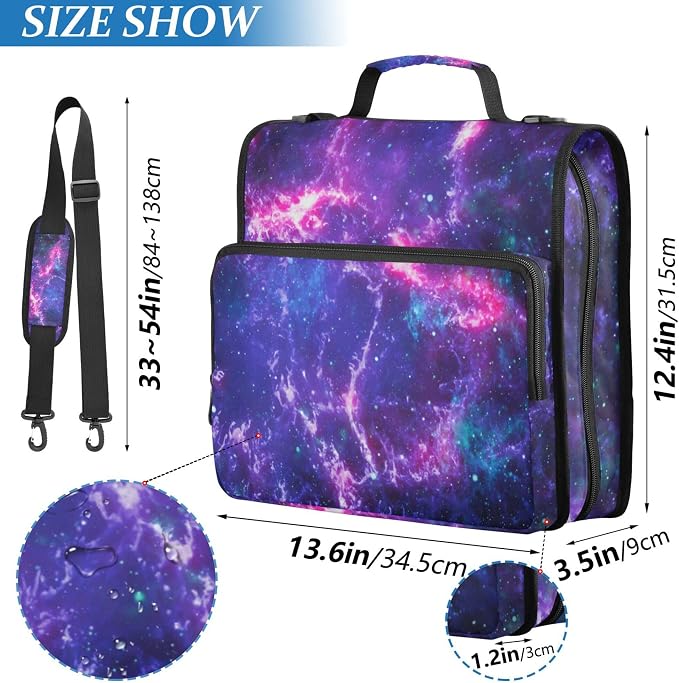 Fisyme Space Galaxy Zipper Binder 3 Ring with Zipper and Shoulder Strap Large Capacity Multi-Pocket Zipper Binder Organizer